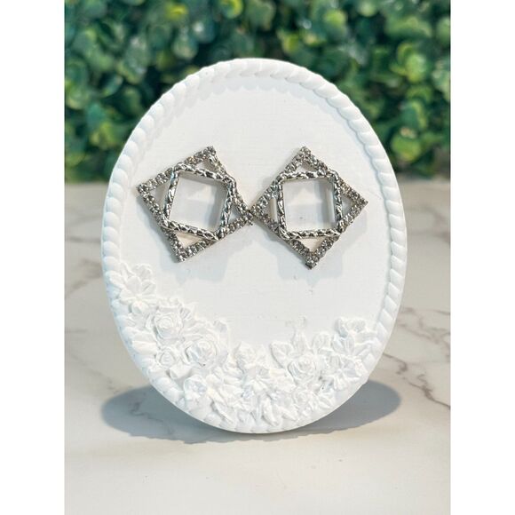 Vintage  Double Square Earrings - Rhodium Plated Sterling Silver - Picture 2 of 5